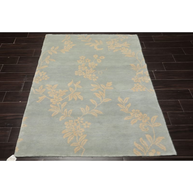 Tibetan Transitional Floral Swiss Wash 4x6 Hand Knotted Wool Aqua Rug - 4' x 6'