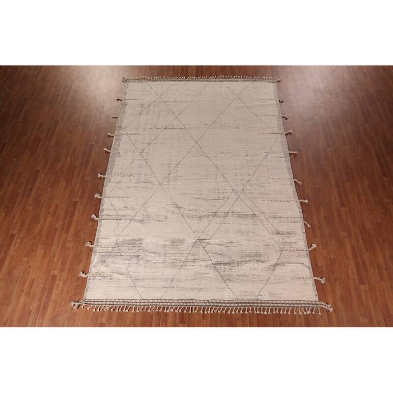 All-Over Ivory Moroccan Modern Area Rug Hand-Knotted Wool Carpet - 8'7"x 12'7"