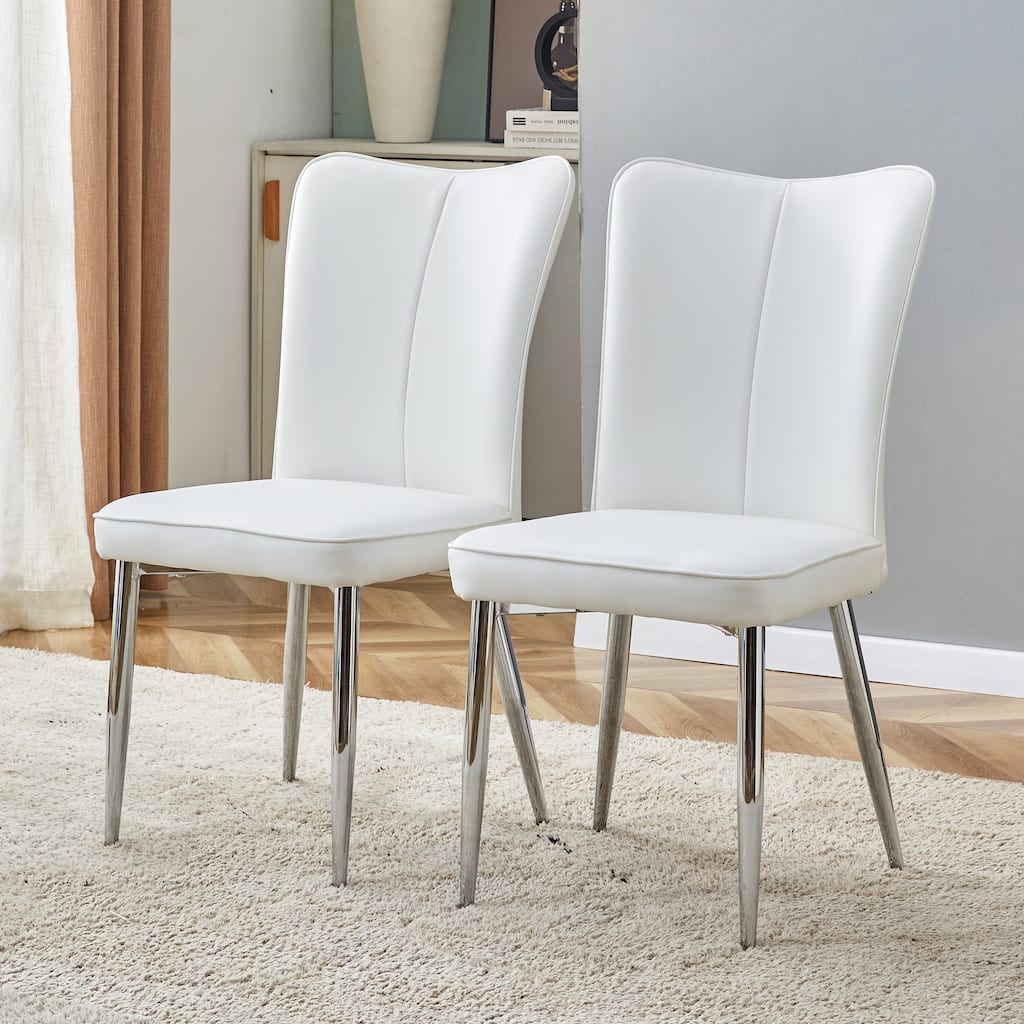 Roomfitters White PU Dining Chairs with Silver Metal Legs, 2-Piece Modern Set for Dining Room, Office or Kitchen, White+Silver