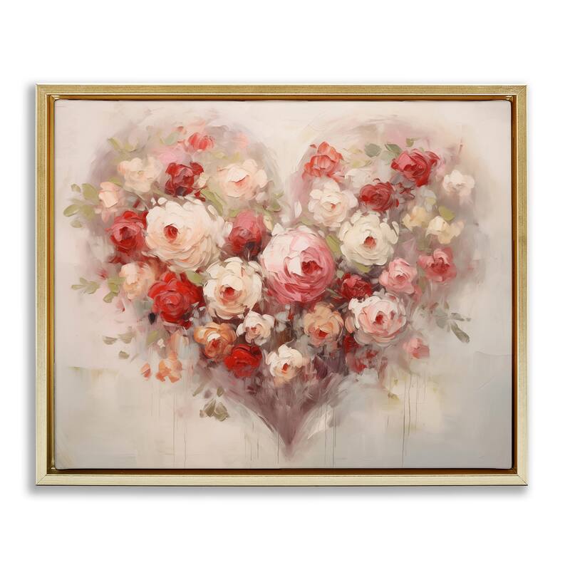 Stupell Valentine Roses Heart Framed Floater Canvas Wall Art Design By Arlington Prints - 31 x 25 - Gold