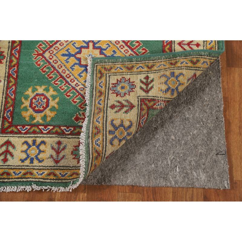 Green Kazak Runner Rug Hand-Knotted Geometric Wool Carpet - 2'7" x 16'2"