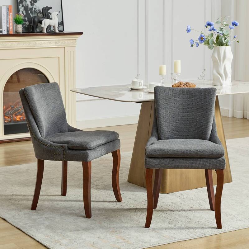 Double-layer Cushioned Dining Chairs Set of 2 Chenille Mid-Back Chair with Nailhead Trim Side Chair with Bent Wood Legs