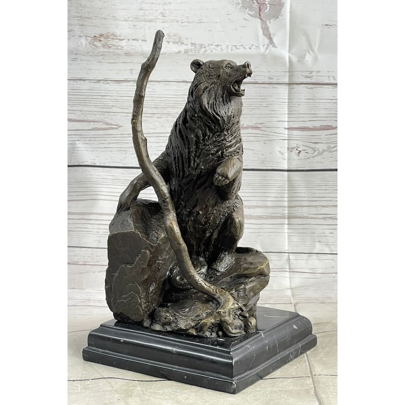 Bear Standing On Boulder Bronze Metal Statue Sculpture Figure On Marble Base