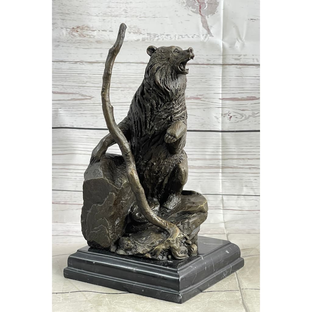 Bear Standing On Boulder Bronze Metal Statue Sculpture Figure On Marble Base