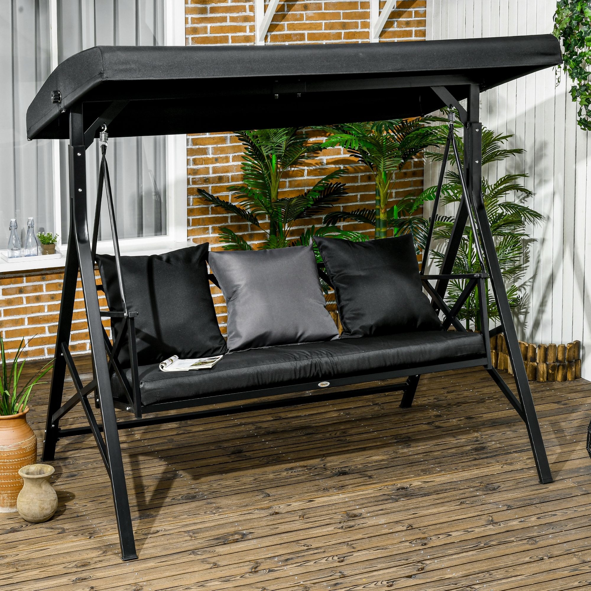 Outsunny 3 Seat Patio Swing Chair Outdoor Canopy Swing Glider with Cushion with 3 Throw Pillows Adjustable Shade for Porch
