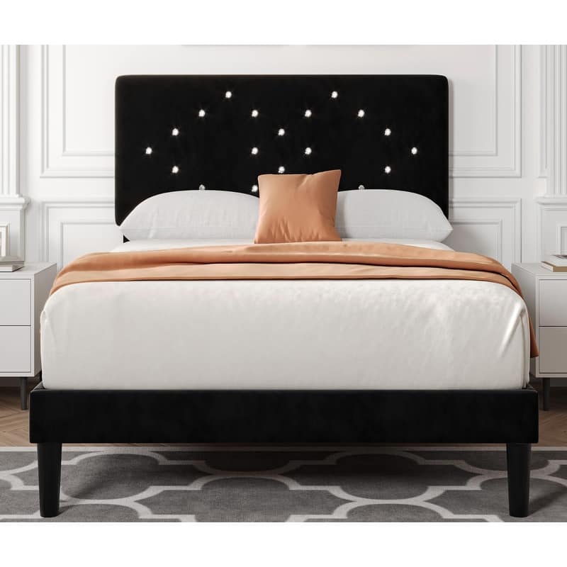 Velvet Upholstered Platform Bed Frame with Tufted Headboard