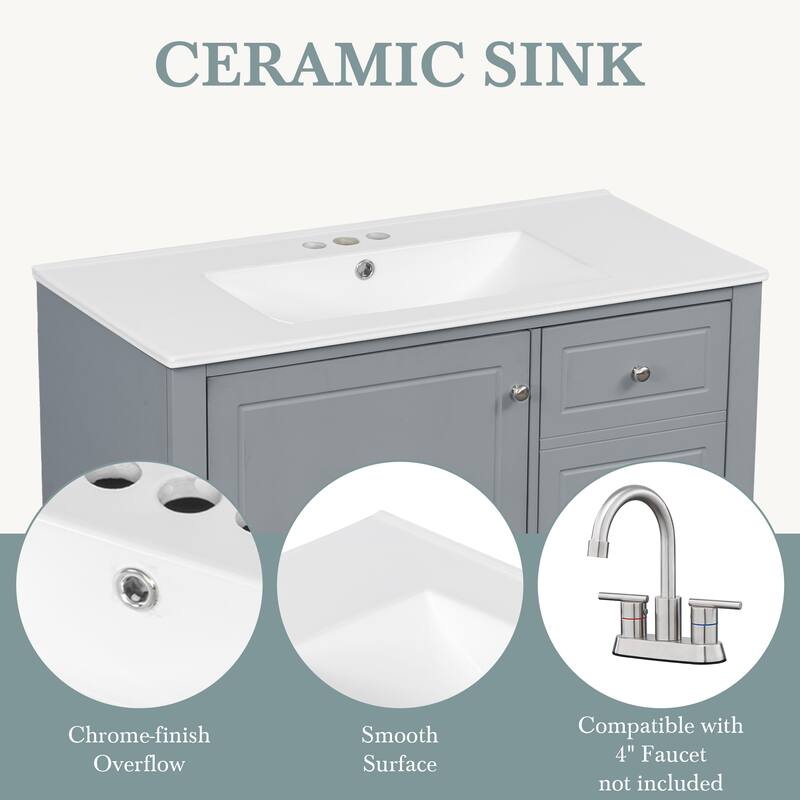36" Bathroom Vanity with Ceramic Sink, 3 Drawers & Cabinet with Shelves, Freestanding Vanity Cabinet with 4-Inch Faucet Holes
