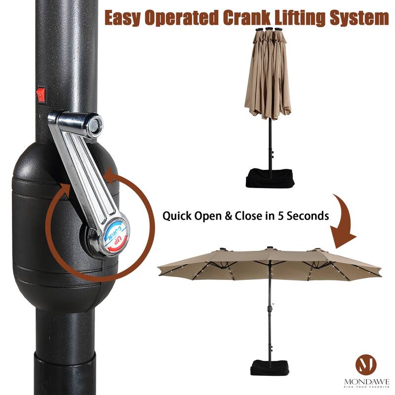 15ft Rectangular Patio Umbrella with Base and LED Lights
