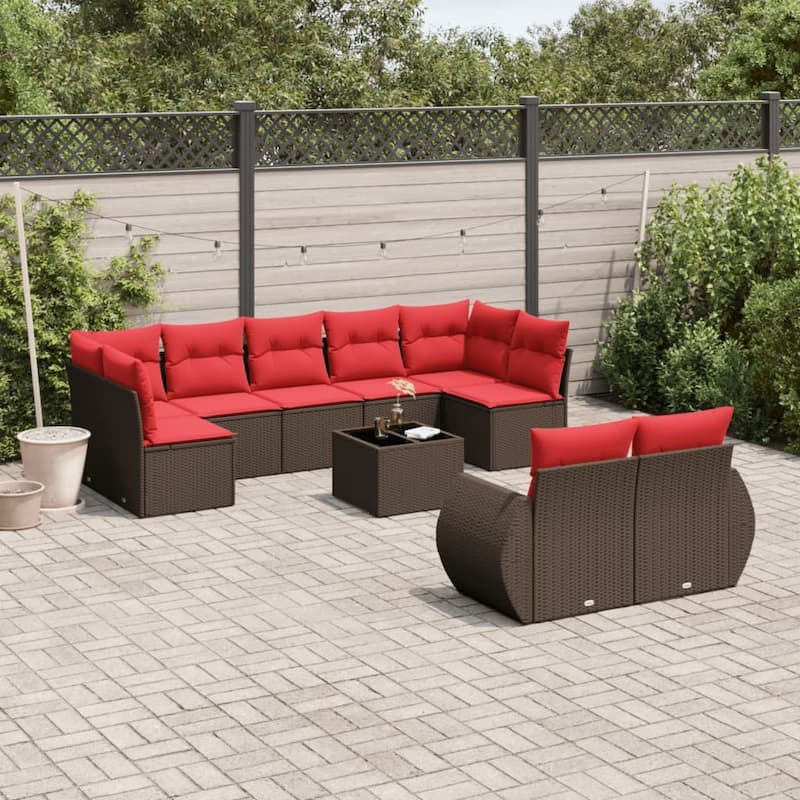 vidaXL 9 Piece Patio Sofa Set with Cushions Grey Poly Rattan - 24.4" x 24.4" x 27.2" - Brown and red With table