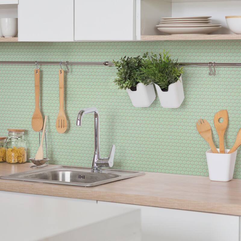 Merola Tile Metro Penny Matte Light Green 9-3/4" x 11-1/2" Porcelain Mosaic Floor and Wall Tile - Case (10 Tiles) - Green - Case (10 Tiles)