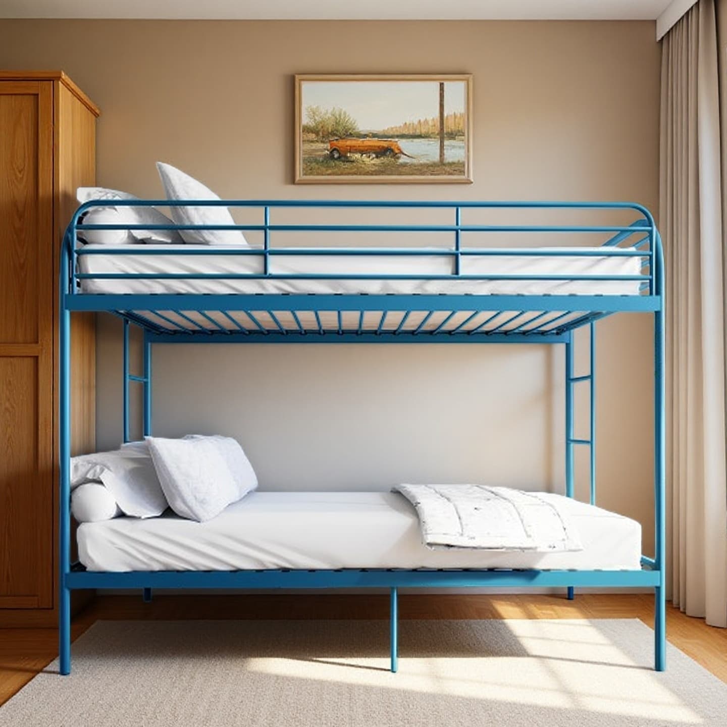 Twin Over Twin Metal Bunk Bed with Dual Ladders, Full-Length Safety Rails, Space-Saving Design with Underbed Storage