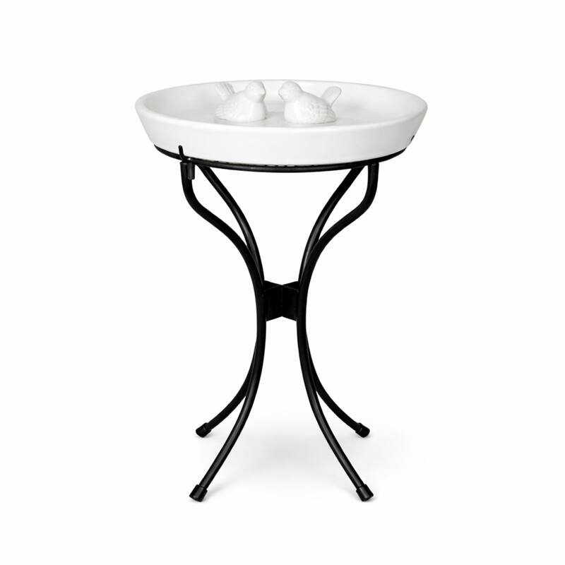 12 in. H Outdoor Ceramic Birdbath White with Metal Stand - Off-White