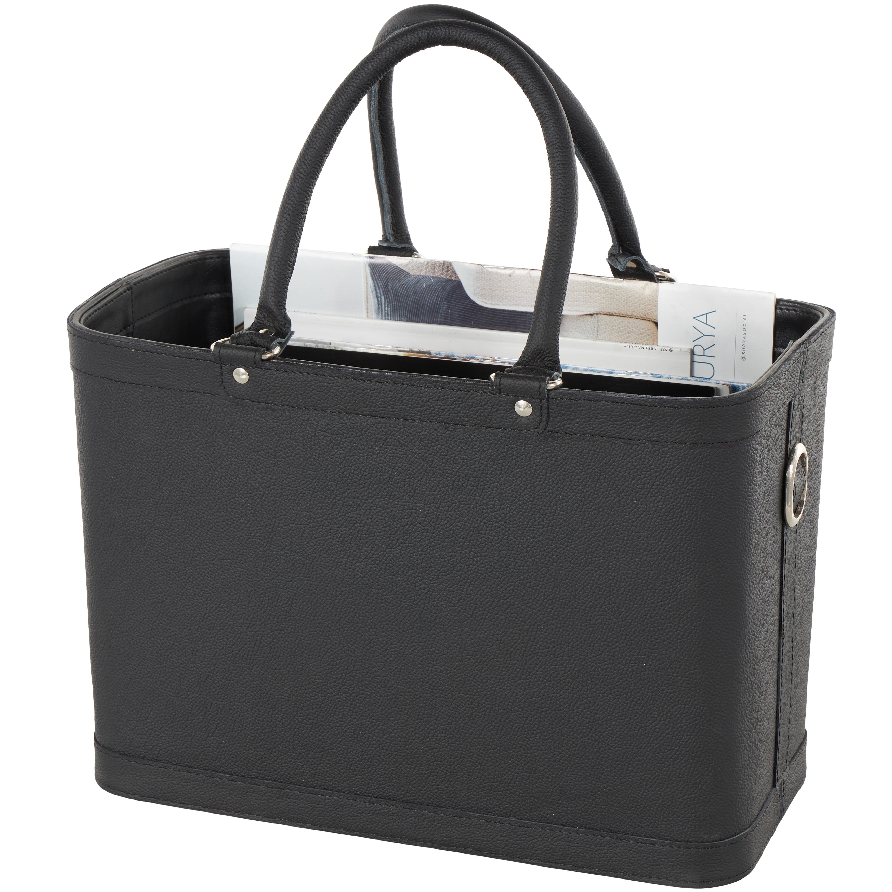 Leather Handmade Box Style Single Slot Magazine Holder with Arched Handles - Black - Roche River Decor