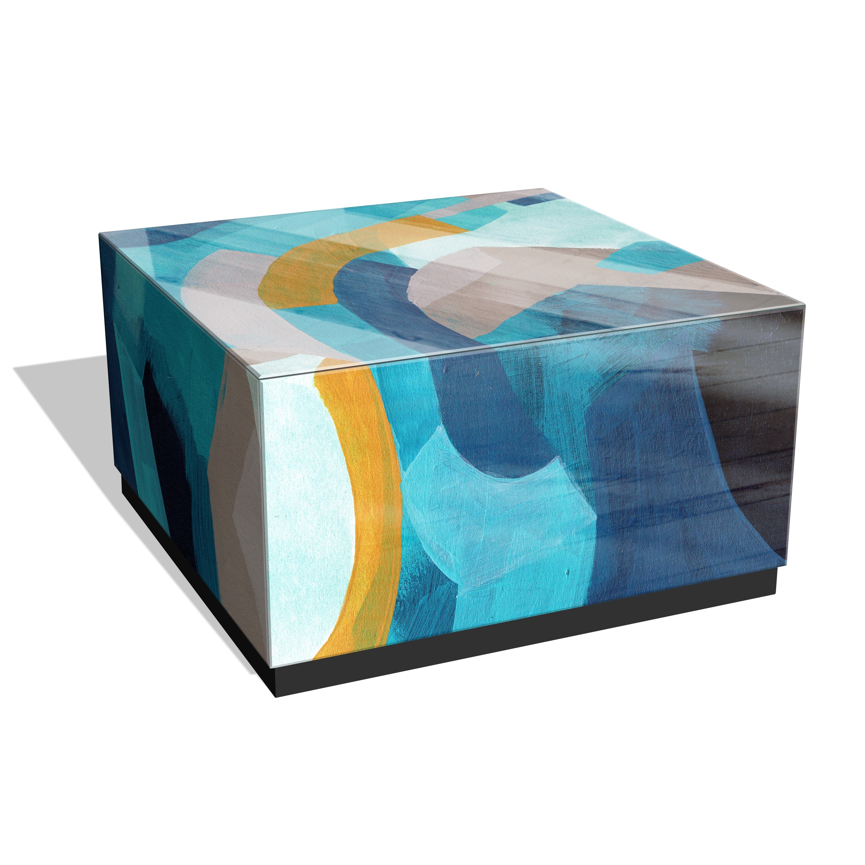 Empire Art Direct inchPuzzle Blues I inch by June Erica Vess Reverse Printed Beveled Art Glass Cocktail Table with Black Plinth Base - 36 inch x 18 inch x 36 inch