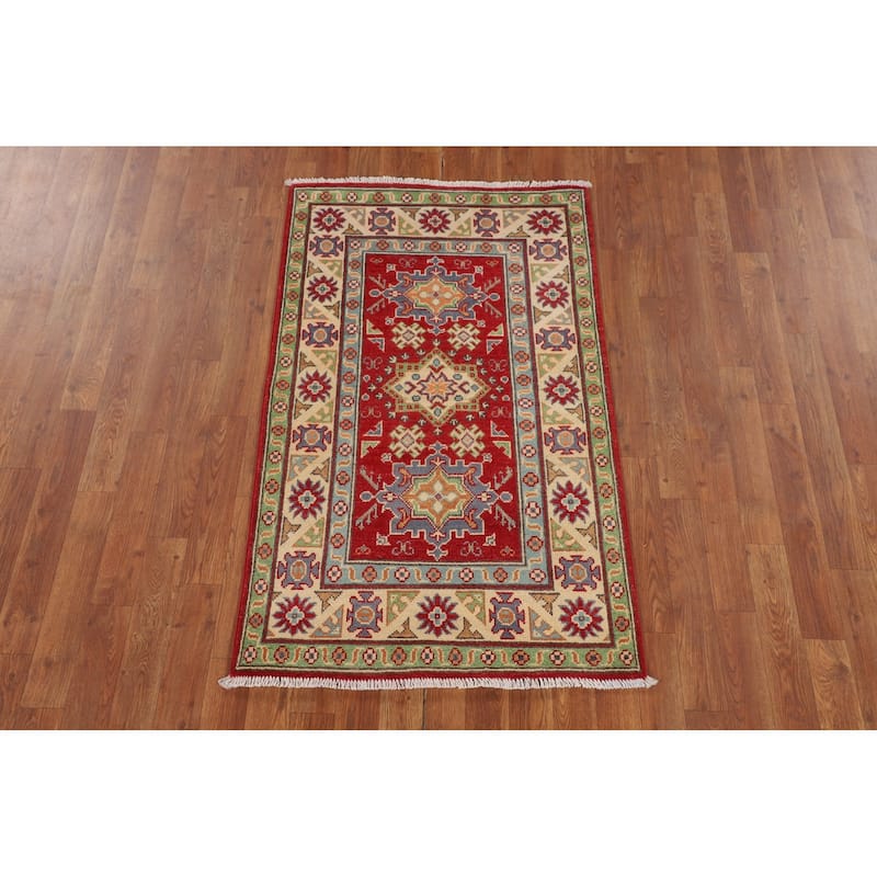 Geometric Kazak Foyer Rug Hand-Knotted Oriental Red Wool Carpet - 2'7" x 4'2"
