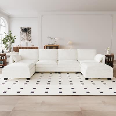 Christopher Knight Home - Noah 141.5" U-Shaped 6-Seater Sofa Couch with Movable Ottoman and Armrest Pockets, Fabric Upholstery