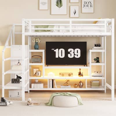 Full Size Metal Loft Bed with TV Cabinet and Staircase, Wardrobe