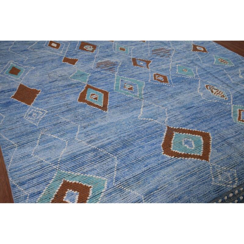 Blue Geometric Moroccan Area Rug Hand-Knotted Wool Carpet - 8'7"x 12'2"