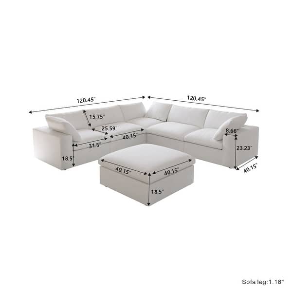 dimension image slide 1 of 3, Large Down Filled Corner Sectional Sofa Couch with Ottoman for Living Room Set Linen Cloud Sectional Couches