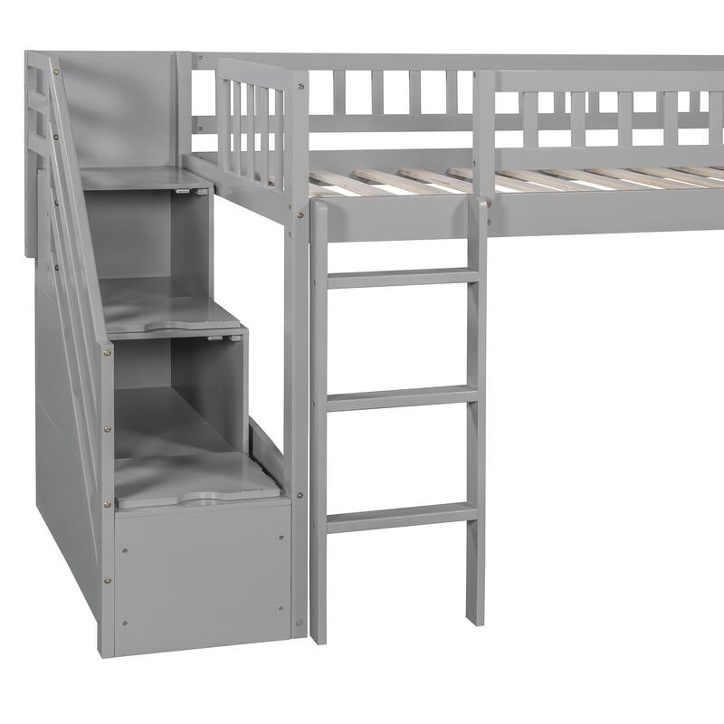 Twin Size Loft Bed with Drawers, Slide, and Staircase, Gray