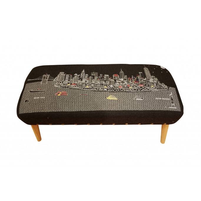 HomeRoots 38" NYC Nighttime Skyline Embroidered Ottoman