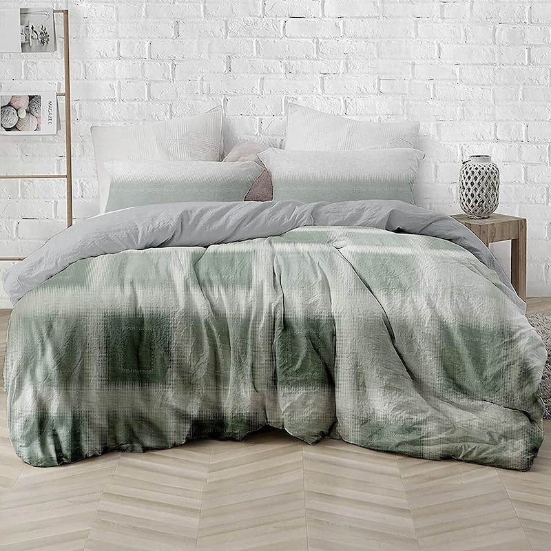 Delara GOTS Certified 100% Organic Cotton Check Reversible Print Duvet Cover and Sham Set of 2, Green