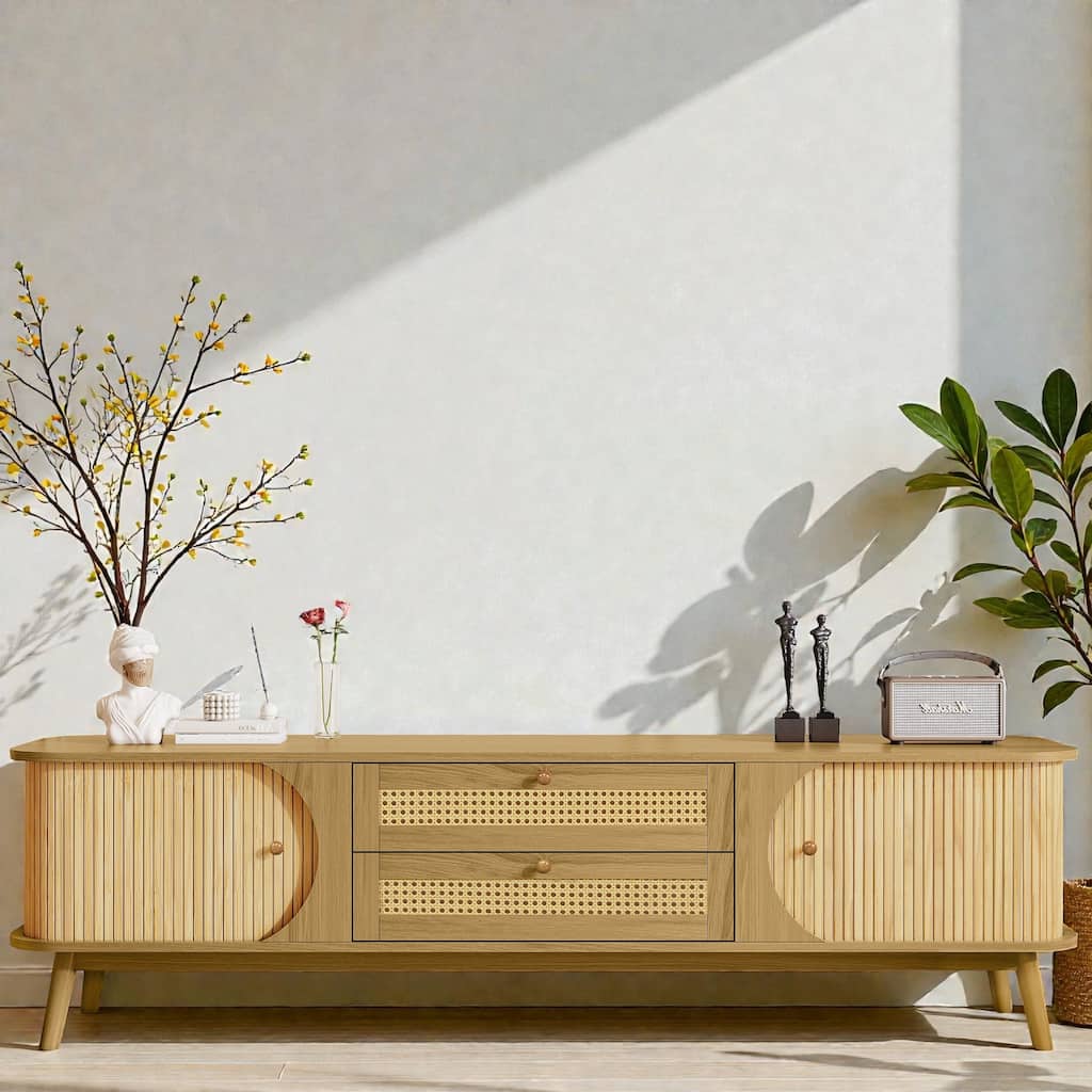 Modern Farmhouse Rattan TV Stand for TVs up to 75'', Media Console with Solid Wood Legs and Storage Cabinets