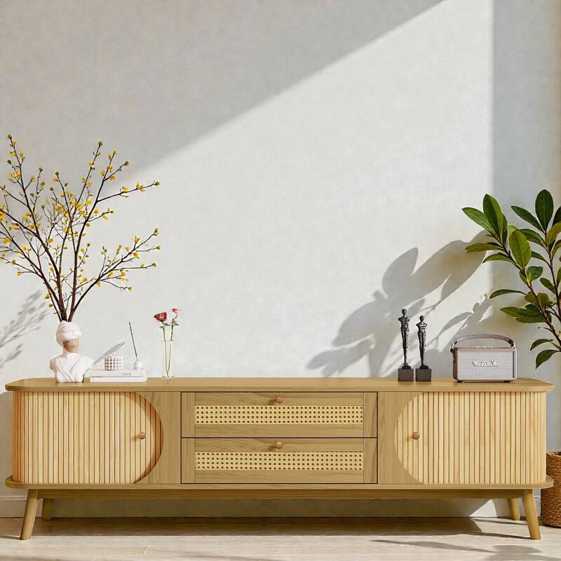 Modern Farmhouse Rattan TV Stand for TVs up to 75'', Media Console with Solid Wood Legs and Storage Cabinets - Natural