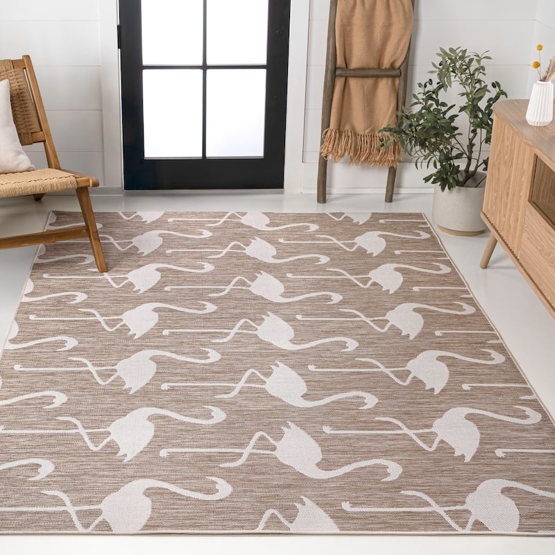 JONATHAN Y Liana Casual Coastal Flamingos Two-Tone Indoor/Outdoor Area Rug - 2 X 8 - Beige/White