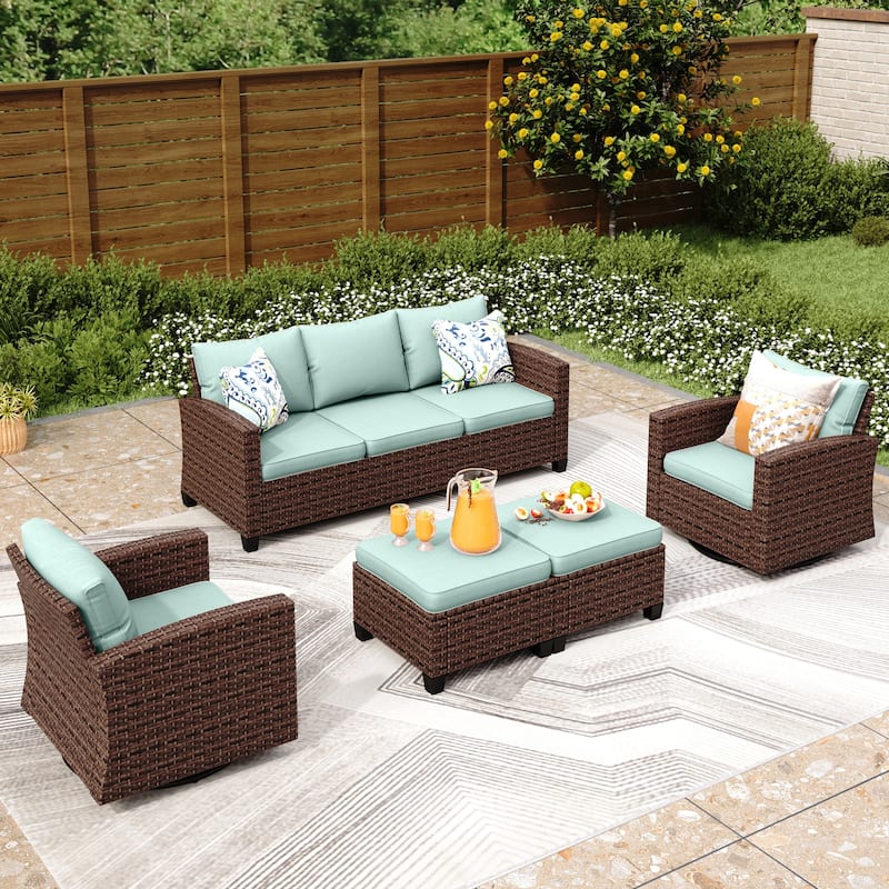 5/9-Seat Patio Furniture Wicker Rattan Outdoor Deep Seating Sectional Sofa Large Conversation Set - 7-Seat/Swivel - Lake Blue