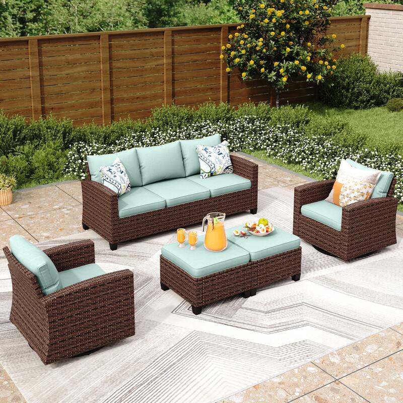 MAISON ARTS 7-Seat Patio Furniture Wicker Conversation Set with 2 x Swivel Glider Sofa Chairs, 3-seat Sofa and Ottoman