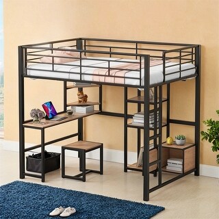 Loft Bed with Desk and Stool,Metal Loft Bed with Open-Style Wardrobe