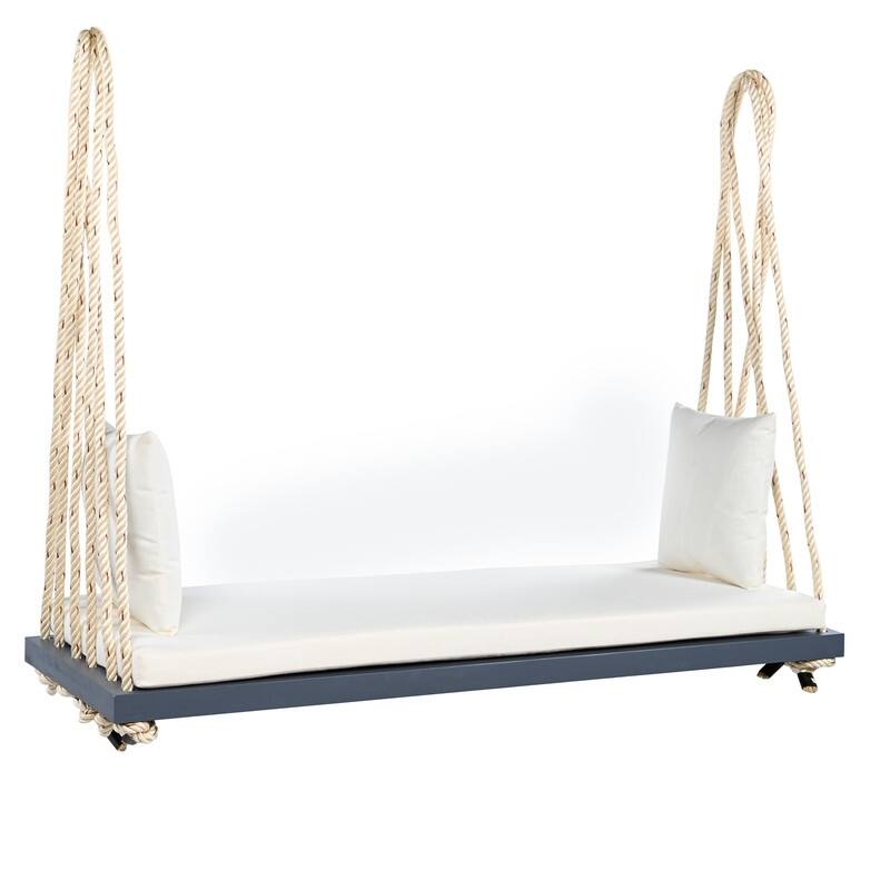 Porch Wooden Swing Chair with Hemp Ropes, Patio Hanging Swing Bench with Cushion & 2 Pillows