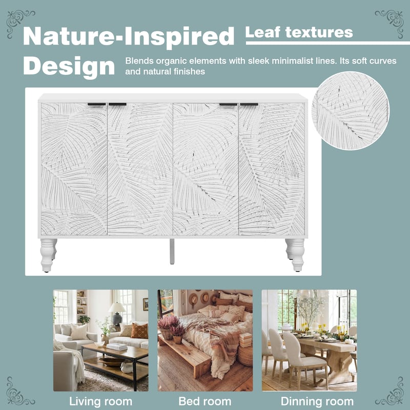 47.2" Modern Leaf-Accent TV Stand - 2 Adjustable Cabinets, Roman Column Legs and Anti-Tip Design
