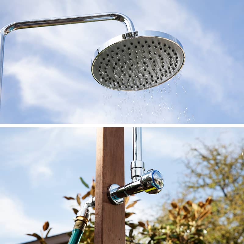 SEI Furniture Parson Oiled Eucalyptus Freestanding Outdoor Shower with Slatted Wood Base and Soap Dish