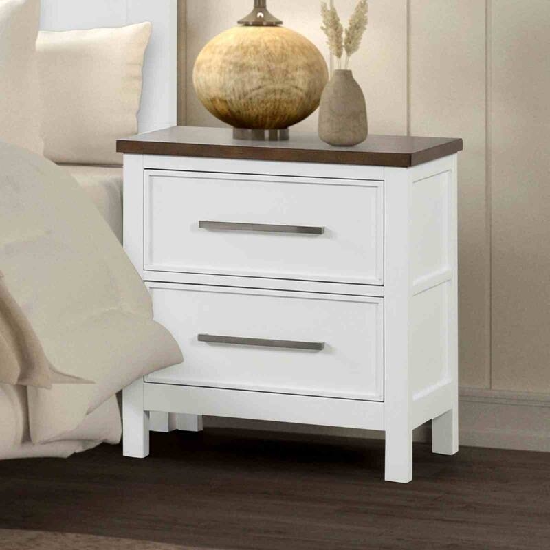 White/Dark Brown Finish Modern Farmhouse Bedroom Set Bed Dresser Mirror Nightstand
