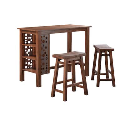 Bada 3 Piece Modern Rectangular Bar Table Set with 2 Stools, Brown Finish