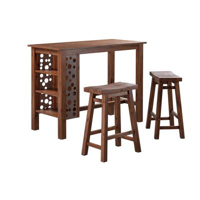 Bada 3 Piece Modern Rectangular Bar Table Set with 2 Stools, Brown Finish