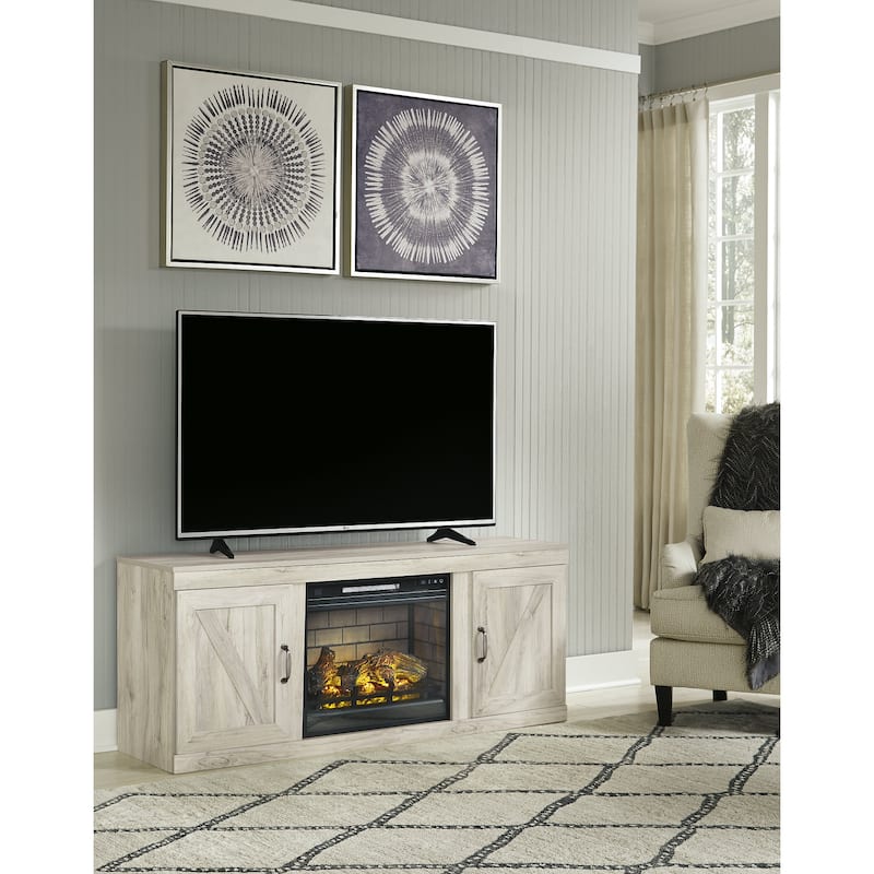 Signature Design by Ashley Bellaby Whitewash 60" TV Stand for TVs up to 69" with Electric Fireplace - 60"W x 15.5"D x 24.5"H - 60"W x 15.5"D x 24.5"H - Whitewash