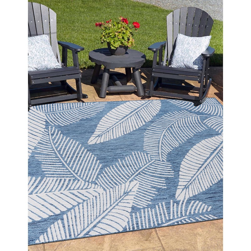 World Rug Gallery Distressed Palm Leaves Textured Flat Weave Indoor/Outdoor Area Rug - 5' X 7' - Blue