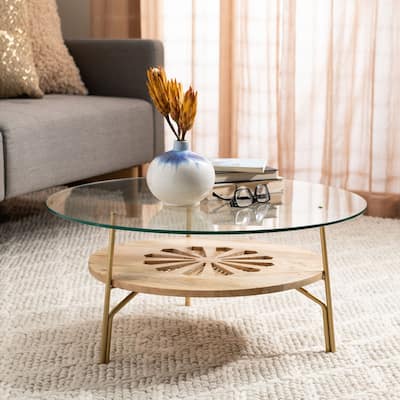 SAFAVIEH Flora Round Natural Wood and Glass Coffee Table - 29" x 29" x 13.6"