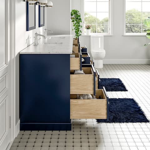 Epic 96 in. Blue DS Bath Vanity with Carrara Quartz Top & Undermount Sinks