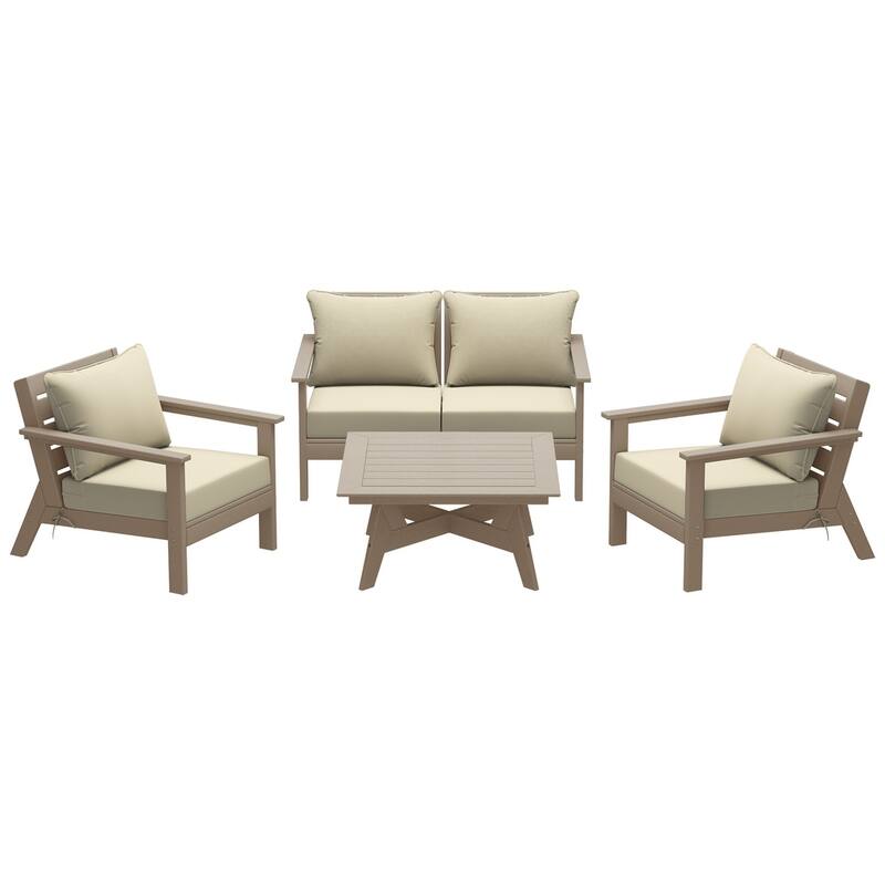 Birchwood All Weather HDPE Outdoor Patio Weathered Wood Deep Seating Conversation Set (5-Piece Set)