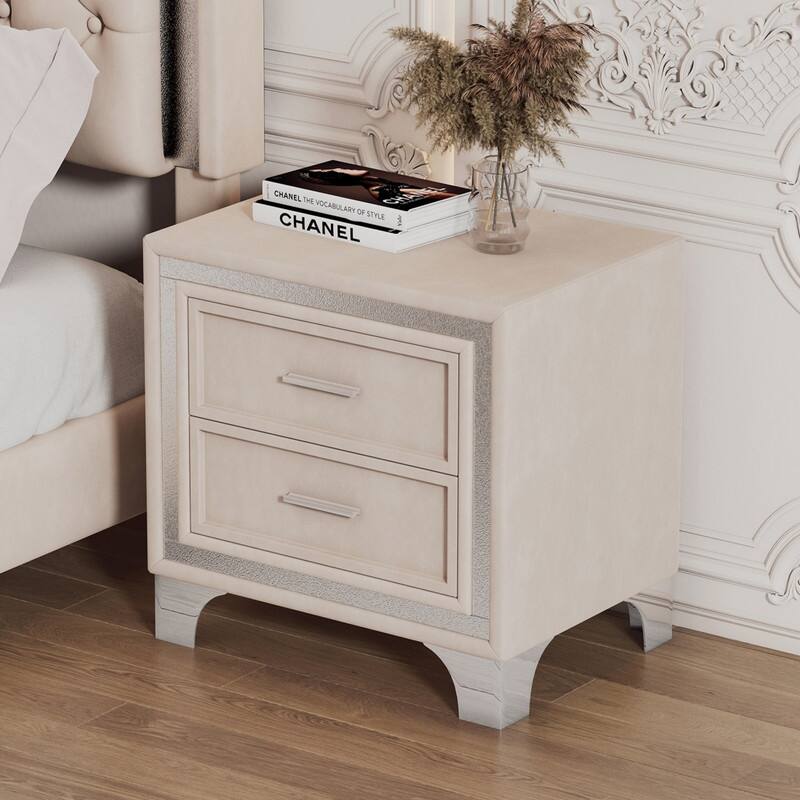 2-Drawer Nightstand with Metal Legs for Bedroom - Beige