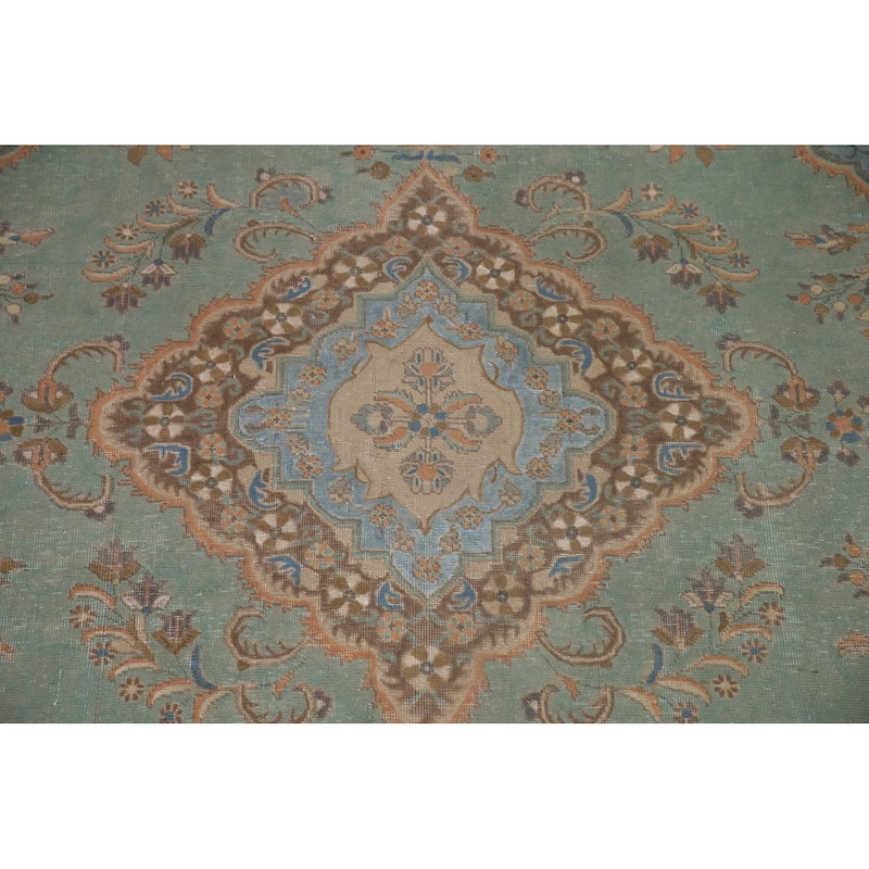 Turquoise Green Tabriz Persian Vintage Area Rug Handmade Wool Carpet - 7'6" x 10'10"