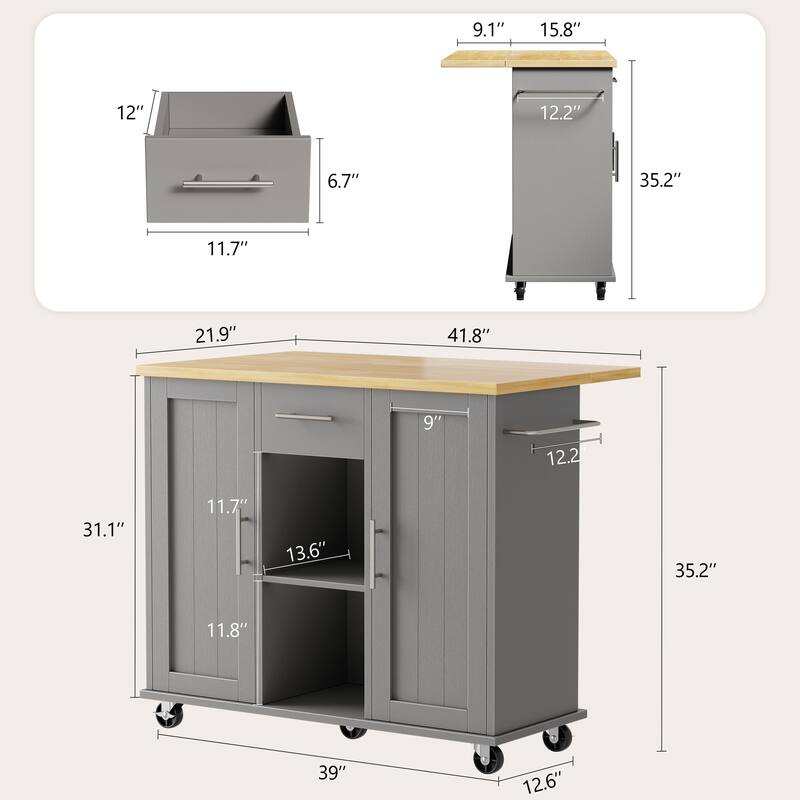 Rolling Kitchen Island Cart with Open Shelf & Drop Countertop - N/A