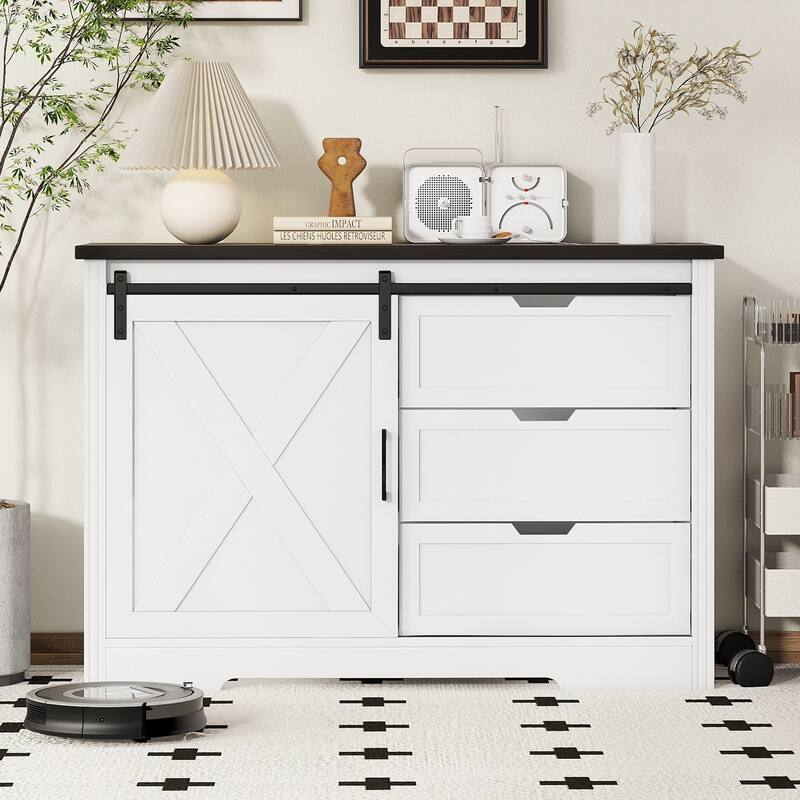 Storage Cabinet with Silent Sliding Doors and Three Drawers