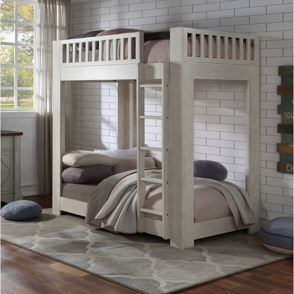 Weathered White Finish Twin/Twin Bunk Bed with Fixed Ladder