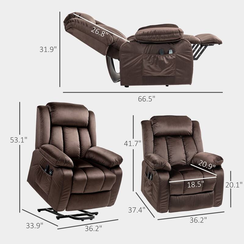 Brown Velvet Upholstery Power Recliner Chair with Massage Lumbar Heat and USB Pocket Spring