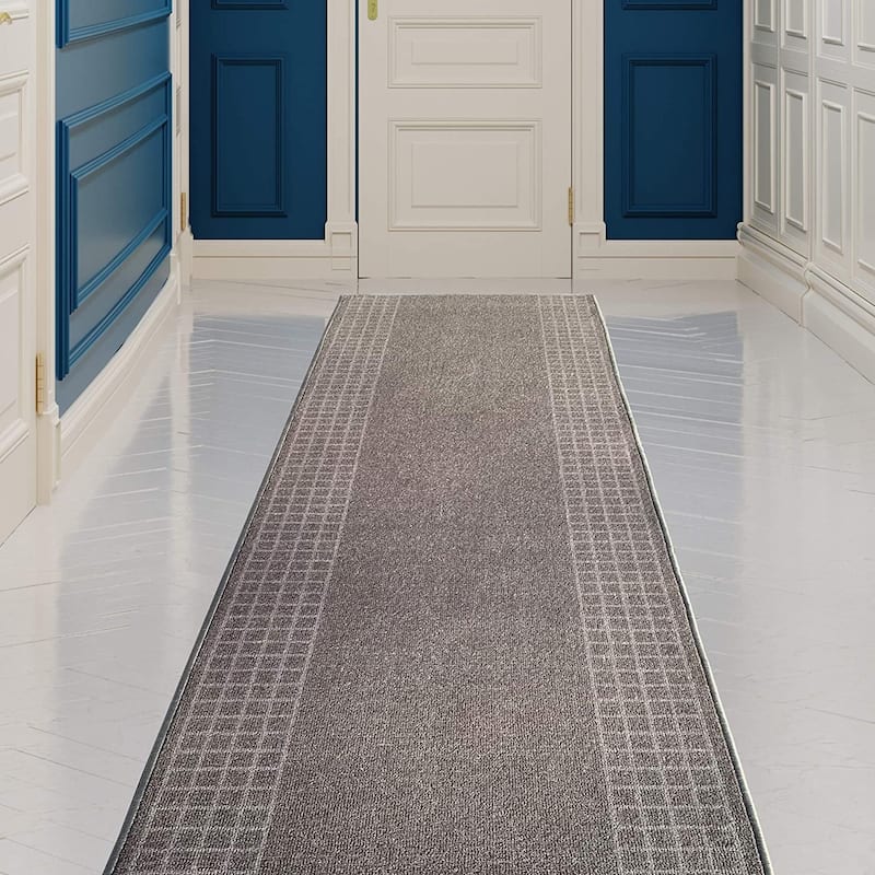 Custom Size Checkered Border Design Brown,Gray,Red Color Non-Slip Rubber Backing- 31 Inch WidexYour Choice of Length Runner Rug